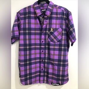 Phenomena Middle Of Beyond Plaid Button-Up Shirt Purple Crime Horror Men Sz L